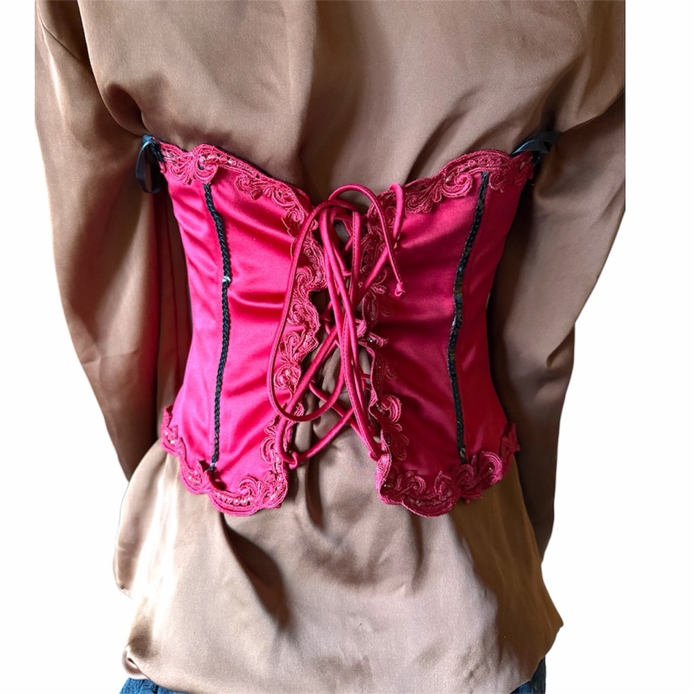 Red satin vintage vampire Lace-Up Corset top wuthering heights Victorian corset